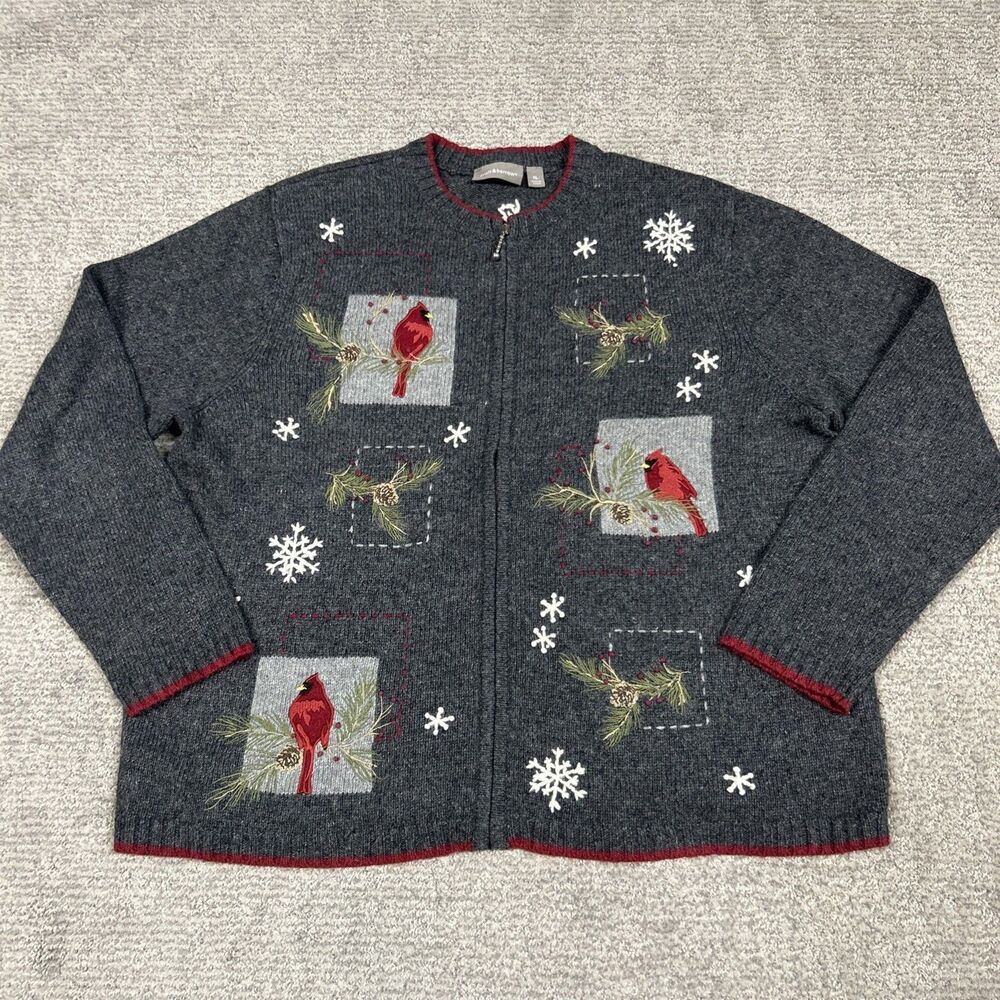 Croft & Barrow Sweater Womens XL Holiday Cardinal Embroidered Full Zip Gray